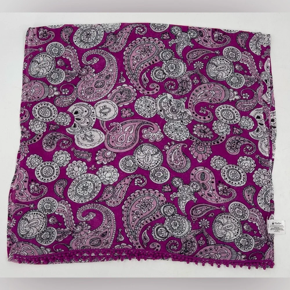 Disney Parks Hidden Mickey Mouse Rayon Fringe Fuchsia‎ Paisley Scarf 18.5